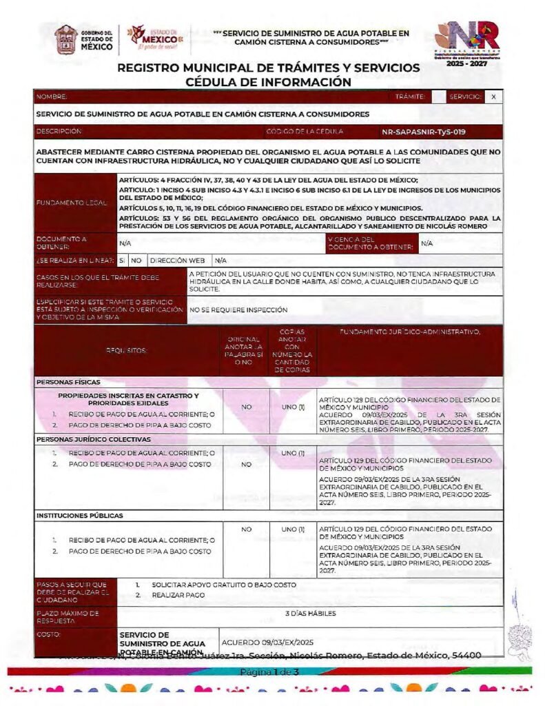 thumbnail of 019 SERVICIO DE SUMINISTRO DE AGUA POTABLE EN CAMION CISTERNA A CONSUMIDORES